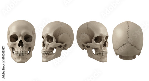 Human Skull Anatomy Front, Side, and Back Views in Detailed Study