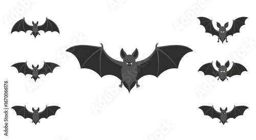 A group of spooky cartoon bats with spread wings flying in a flock, isolated on a white background for Halloween design