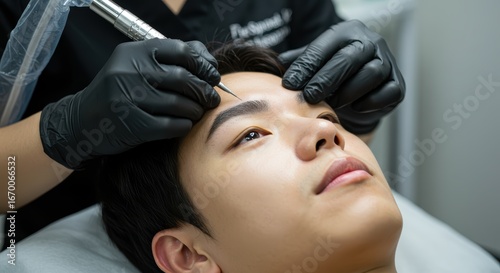 Korean man getting eyebrow tattoo while lying down