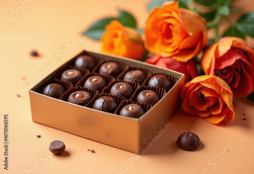 Autumn bouquet of orange roses and a box of chocolates, greeting card for Teacher's Day, Mother's day, birthday