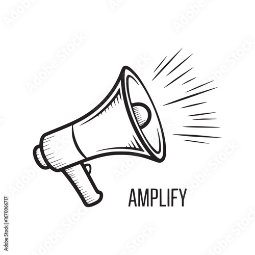 A black and white drawing of a megaphone with sound waves and the word amplify below it in bold font