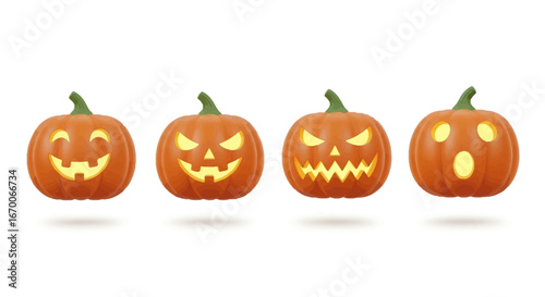 Realistic Jack-o'-lanterns Halloween decoration collection on white background for holiday design