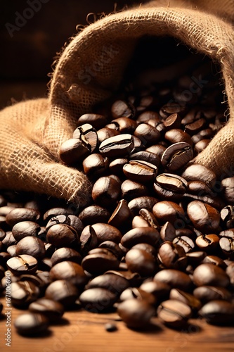 Fresh roasted coffee beans spilling from burlap sack on rustic wooden table with warm natural light.
