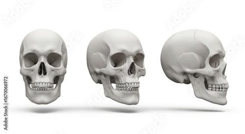 Three-dimensional rendering of the human skull in front, side and perspective views