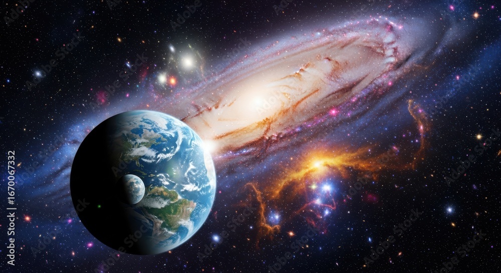 Fototapeta premium Our Earth and Moon with distant galaxy and nebula in space