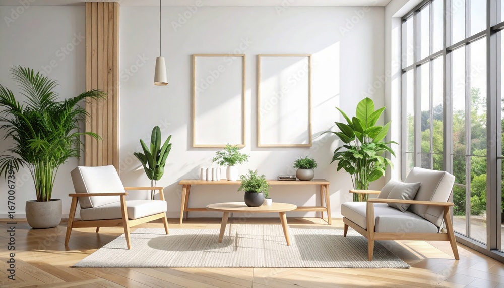 Fototapeta premium Mock up poster frames in modern Scandinavian living room interior with natural light, indoor plants, wooden furniture, 3D render, 3D illustration