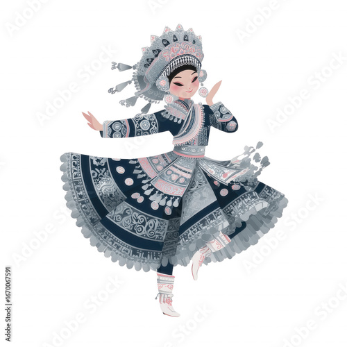 flat vector of miao traditional dress with detailed silver work, character pose on clean background