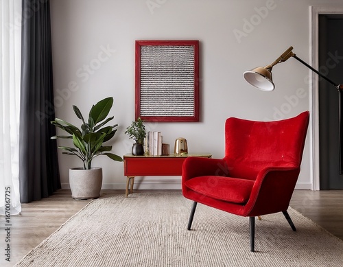 Wallpaper Mural scandinavian interior design of modern living room with accent red armchair and frame on wall Torontodigital.ca