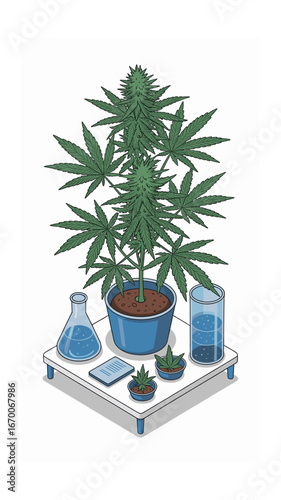 Cannabis Cultivation Setup: Potted Marijuana Plant with Lab Beaker, Water Glass, and Seedlings on a Table for Scientific Research and Growth Illustration