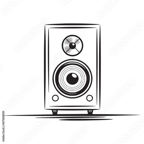 A black and white graphic illustration of a speaker with two drivers on a white background
