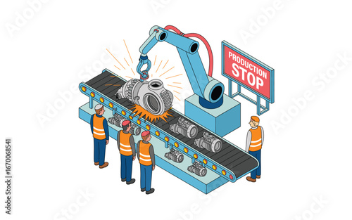 Production line malfunction with robotic arm, workers and production stop sign, industrial automation and maintenance concept, isolated on white background isometric view.