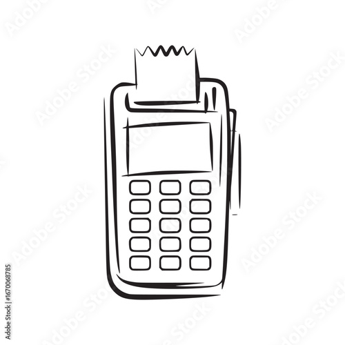 A black and white sketch of a point of sale terminal with a receipt sticking out the top