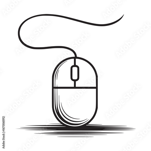 A simple line drawing of a computer mouse with a long cord on a plain white background surface