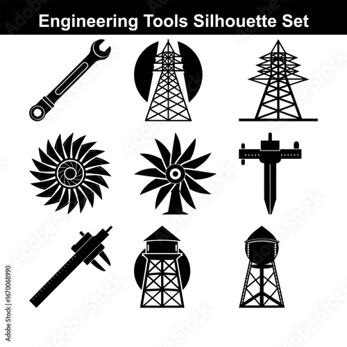 Engineering Tools Silhouette Vector Set for Industrial Design and Mechanical Applications Including Wrench Power Towers and Water Reservoirs