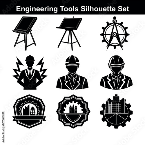 Engineering Tools and Professionals Silhouette Vector Set with Technical Drawings and Industrial Icons Black and White Graphic