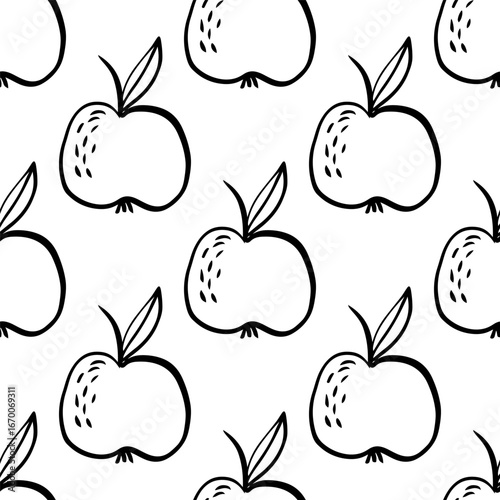 whole apples seamless pattern drawn in simple black line art on white background for textile wrapping wallpaper packaging concept of fruit nutrition, food market, organic lifestyle
