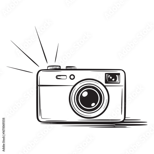 A black and white illustration of a camera with a flash and lens in detailed line art style