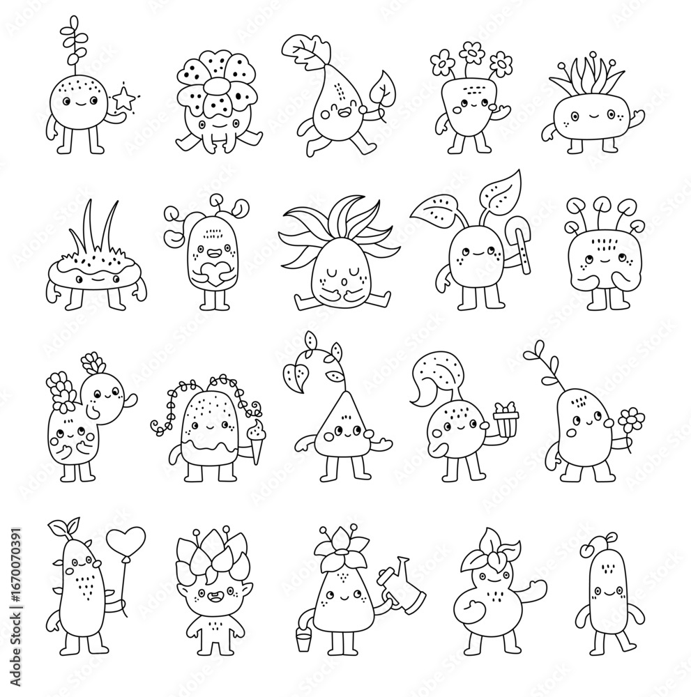 Obraz premium Spirit nature character set in outline line art with fantasy woodland plants holding heart, gift, flower, balloon, watering can, ice cream and friendly emotions for your designs projects