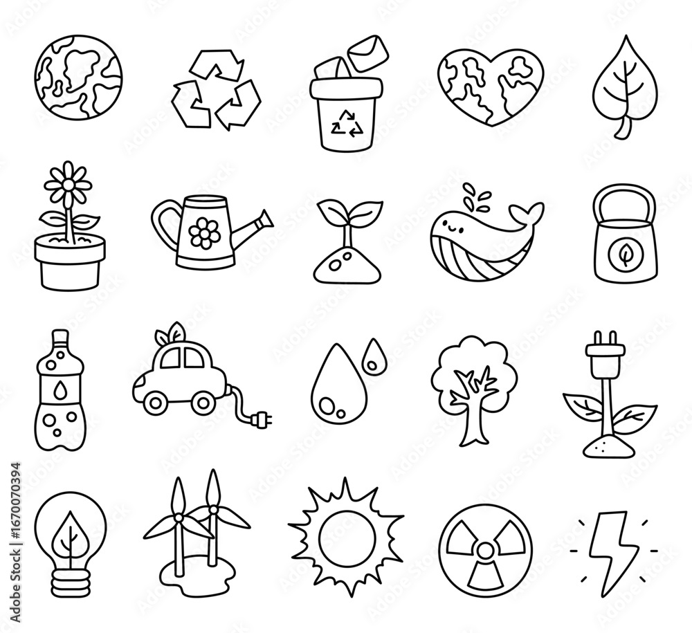 Fototapeta premium Ecology nature outline set featuring planet earth, recycling symbols, energy sources, animal, water, pollution, climate solutions and environmental protection elements for your projects