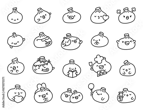 Khinkali georgian dumpling character set with charming emotions including smiling, hugging, reading, cooking, celebrating, and enjoying various traditional meal moments for design projects