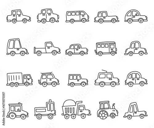 Transport set in outline line art with different automobile types and vehicle shapes for your automobile illustration and creative urban commute design projects