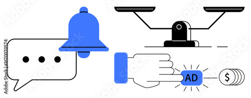 Notification bell, chat bubble, hand pressing ad button, balance scale, and coin. Ideal for marketing, advertising, digital strategy monetization decision-making notifications budgeting. Simple