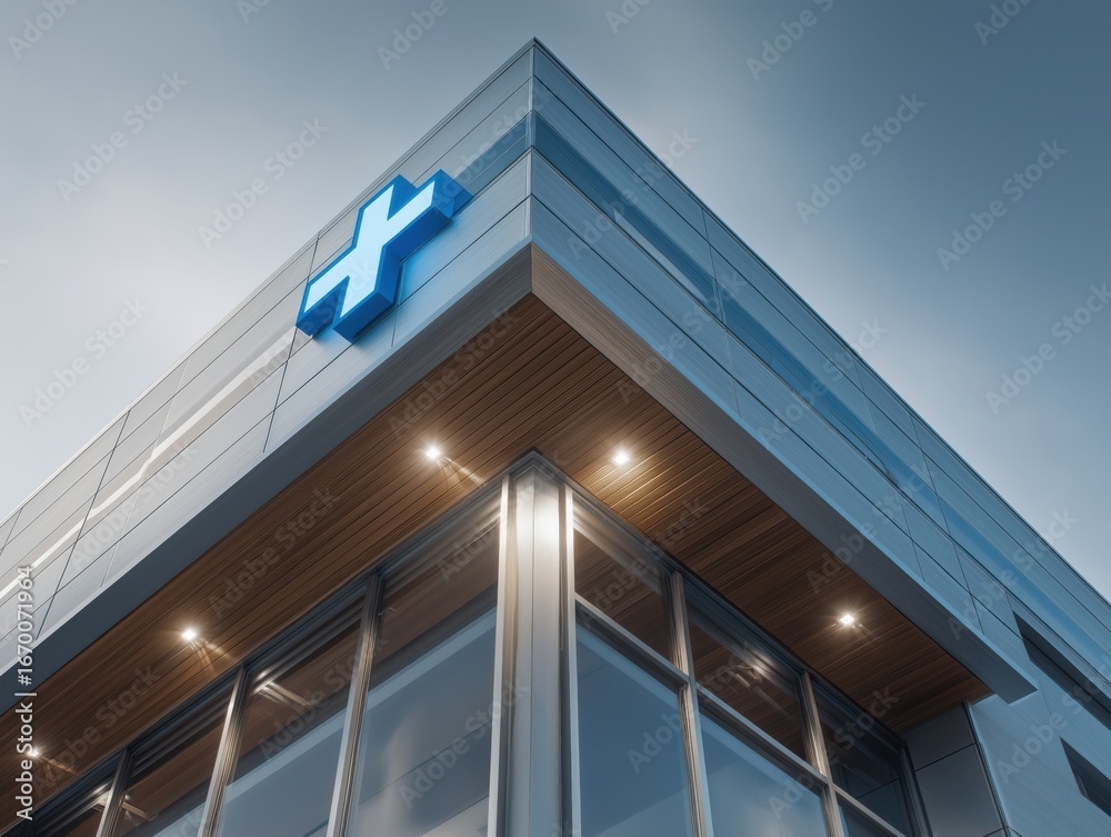Fototapeta premium Modern hospital building with blue medical cross glowing against the sky, symbolizing health and healing for a thriving community, a beacon of hope