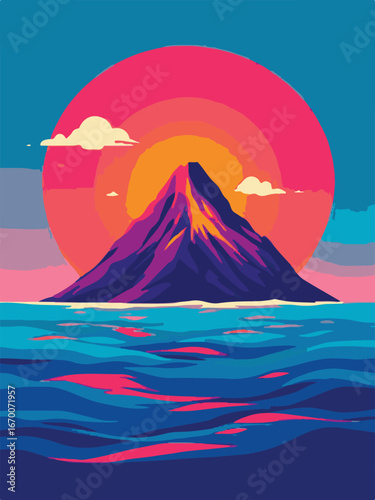 Active Volcano Eruption with Sunset Background