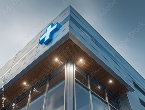 Modern hospital building with blue medical cross glowing against the sky, symbolizing health and healing for a thriving community, a beacon of hope