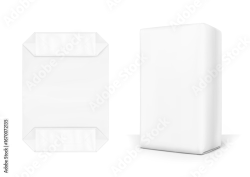 Vertical bag package mockup. Folded and front views. Vector illustration isolated on white background. Easy to use for presentation your product, idea, promo, design. EPS10.