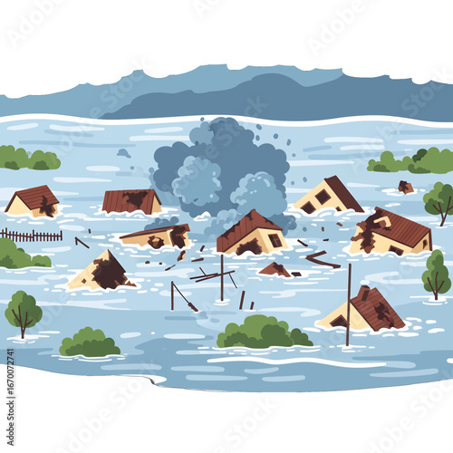 Pixel Art Illustration of a Town Underwater After a Flood Showing Submerged Houses Brown Roofs and Gray Smoke in Blue Tones