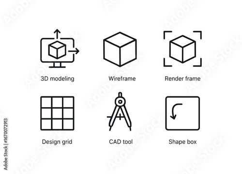 simple outline stroke icon isolated on white background: 3d modeling cube wire frame design grid cad tool shape box