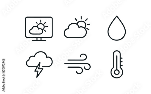 simple outline stroke icon isolated on white background: weather forecast sun cloud rain drop icon wind line temp bar