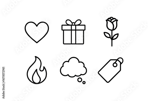 simple outline stroke icon isolated on white background: desire heart gift box rose stem flame icon thought cloud wish tag