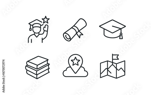 simple outline stroke icon isolated on white background: simple outline stroke icon isolated on white background: student aspiration diploma roll cap hat book stack dream pin success map.
