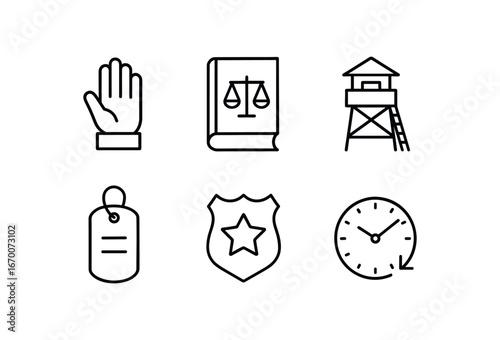simple outline stroke icon isolated on white background: sworn duty law book army post service tag patrol badge work shift