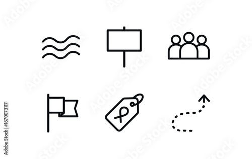 simple outline stroke icon isolated on white background: movement wave protest sign crowd line flag pole cause tag march path