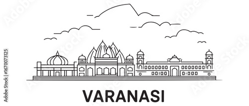Varanasi India Line Art Skyline Travel Destination. with white background