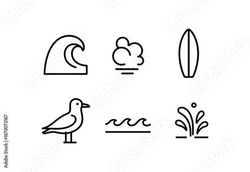 simple outline stroke icon isolated on white background: wave crest ocean foam surf board sea gull tide line water spray
