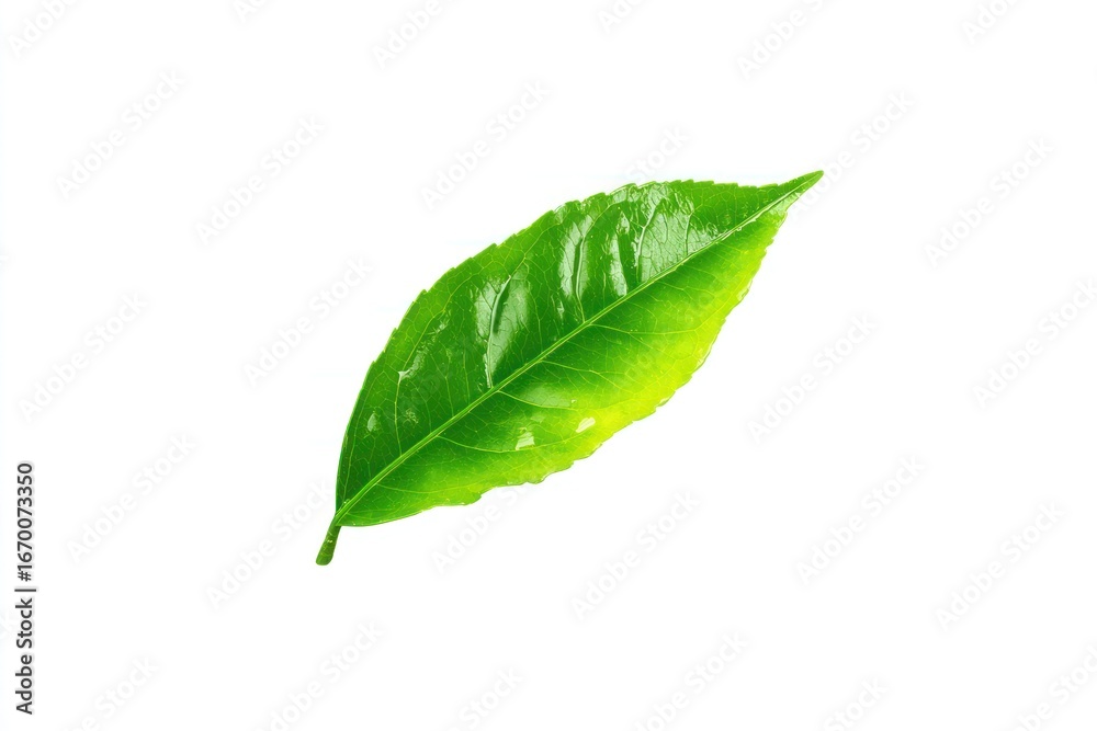 Obraz premium Shiny green leaf angled upwards with hints of yellow against a clean white background, bright and minimal