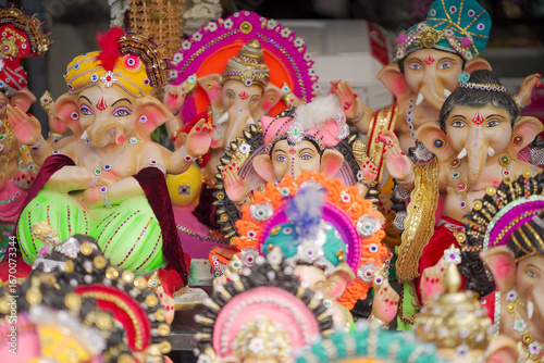 Photography Lord Ganesha idol for Ganesh Chaturthi festival in India, Colorful Ganpati statue Stock Photo, Lord Ganesha murti