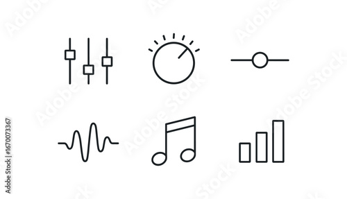 simple outline stroke icon isolated on white background: equalizer bar volume knob slider line sound wave music note audio meter