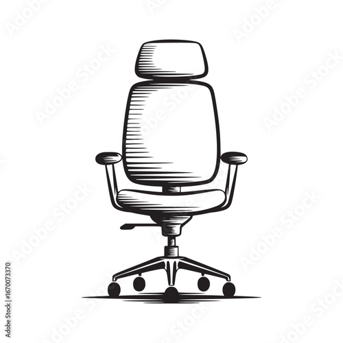A black and white illustration of an office chair with a headrest and armrests on a white background