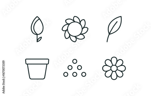 simple outline stroke icon isolated on white background: flower bud petal ring stem leaf garden pot pollen dot bloom head