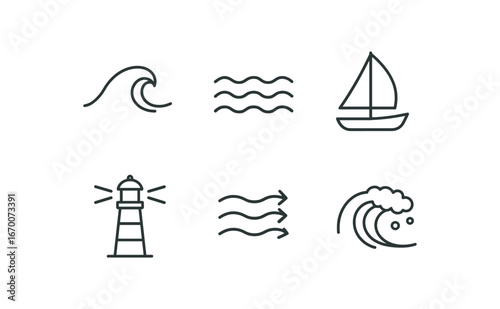 simple outline stroke icon isolated on white background: sea wave ripple line boat sail lighthouse beam current flow foam edge