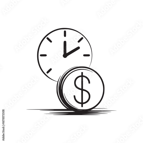 A simple black and white illustration of a clock and a dollar coin on a white background design art
