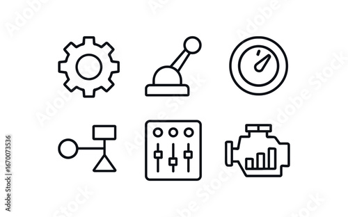 simple outline stroke icon isolated on white background: operation gear machine lever switch knob process line control panel engine bar