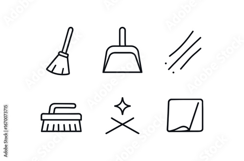 simple outline stroke icon isolated on white background: broom stick dust pan sweep line bristle head floor mark cleaning rag