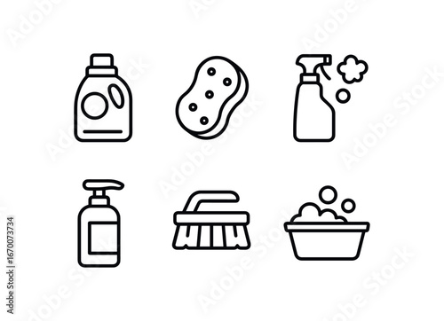 simple outline stroke icon isolated on white background: laundry detergent cleaning sponge foam spray soap pump scrub brush wash tub