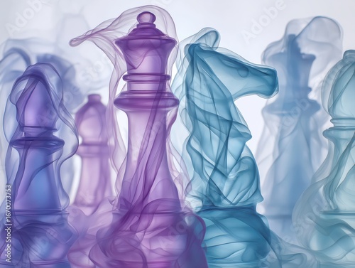 Ethereal chess pieces in stunning purple and blue tones create a captivating visual metaphor for strategy and intellectual gamesmanship